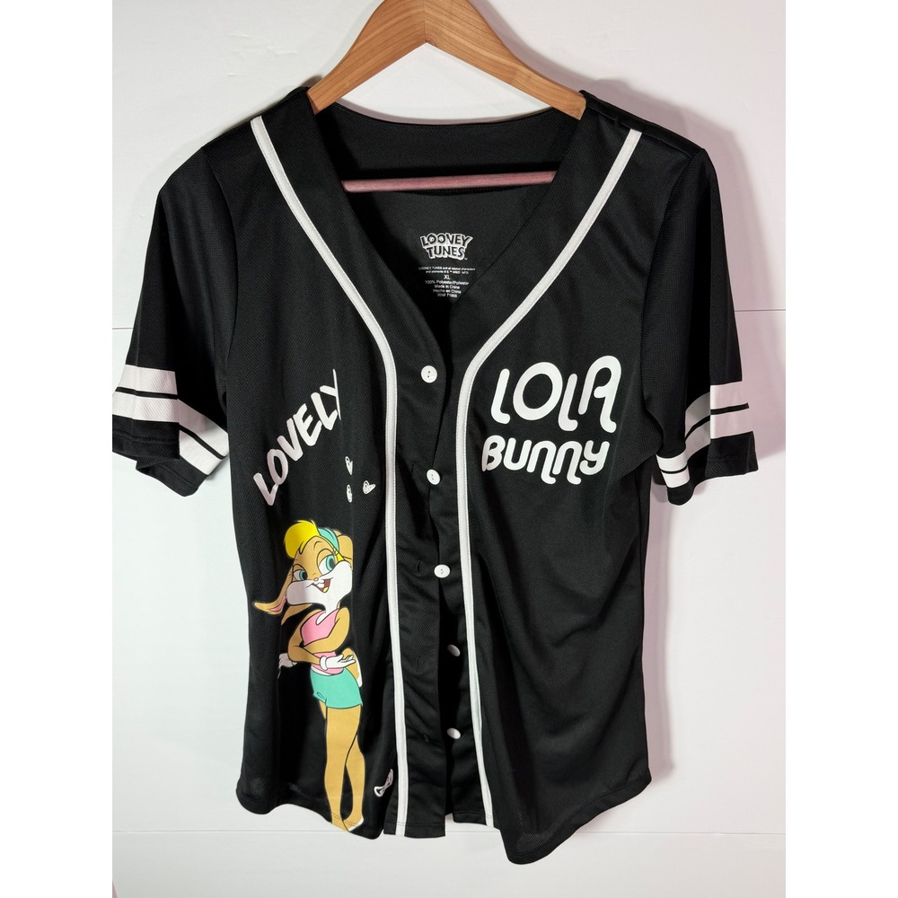 Looney Tunes Lola Bunny Baseball Jersey Black Mesh Button Up Shirt XL